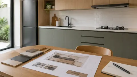 Dapur dengan gambar rencana dan sampel kabinet di meja