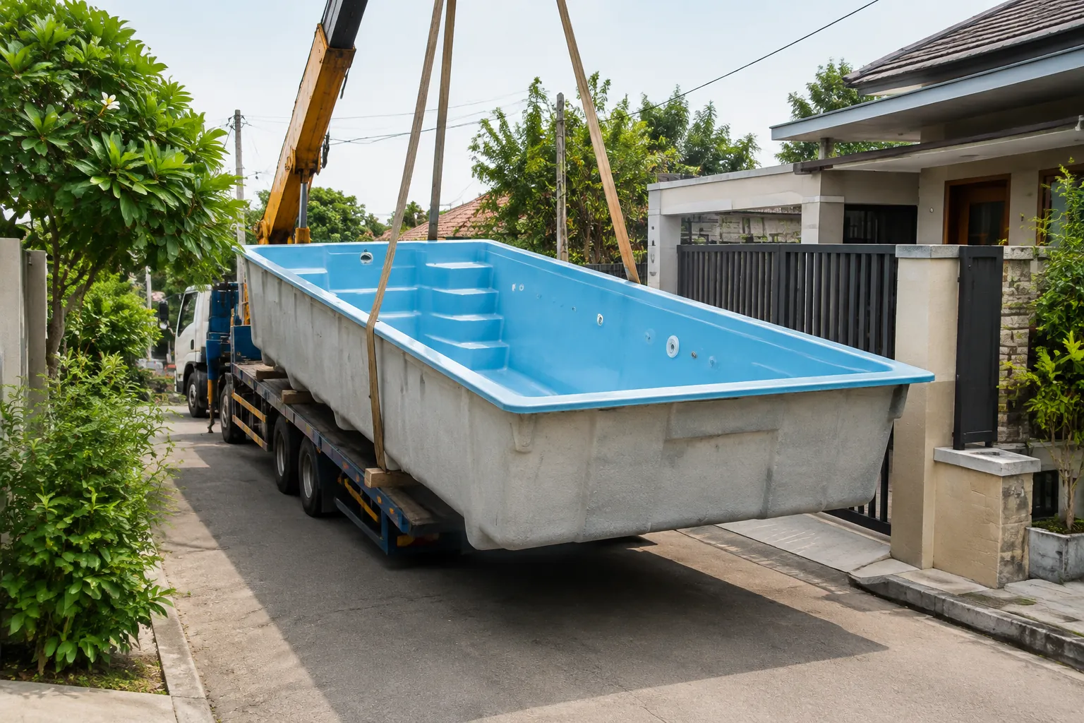 Cangkang kolam pracetak diangkut dengan truk dan derek menuju rumah
