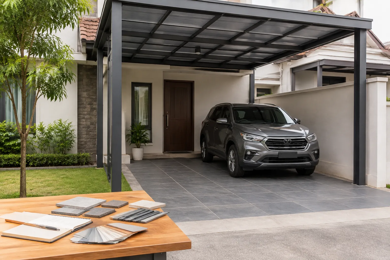 Sampel bahan di depan carport.