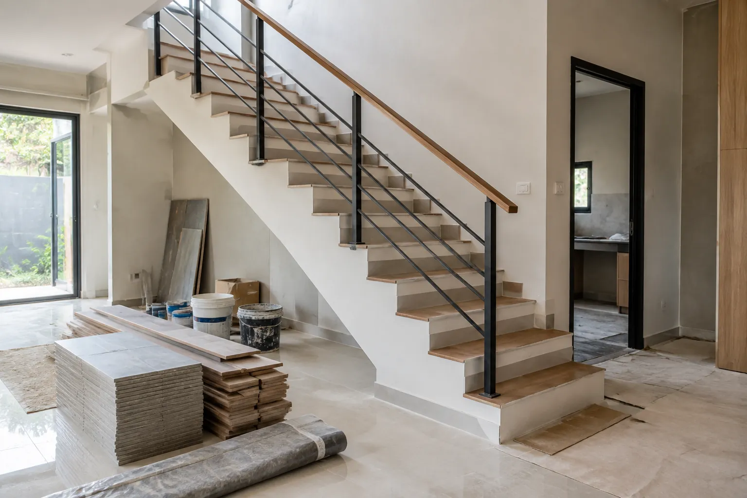 Tangga rumah dalam proses pekerjaan interior.