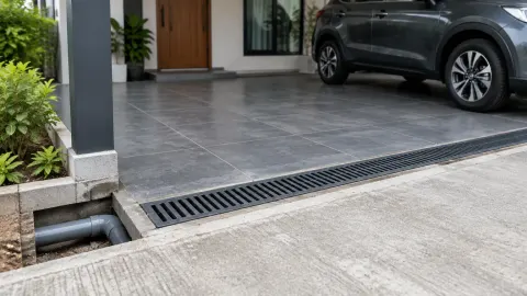 Saluran drainase berjeruji di depan area parkir rumah