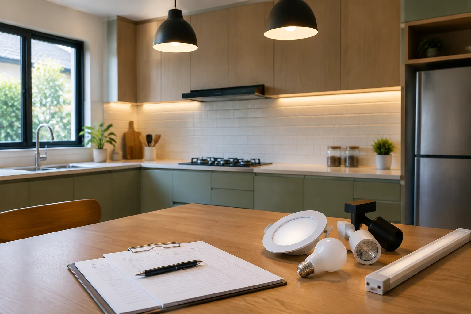 Contoh bohlam dan lampu meja di depan dapur