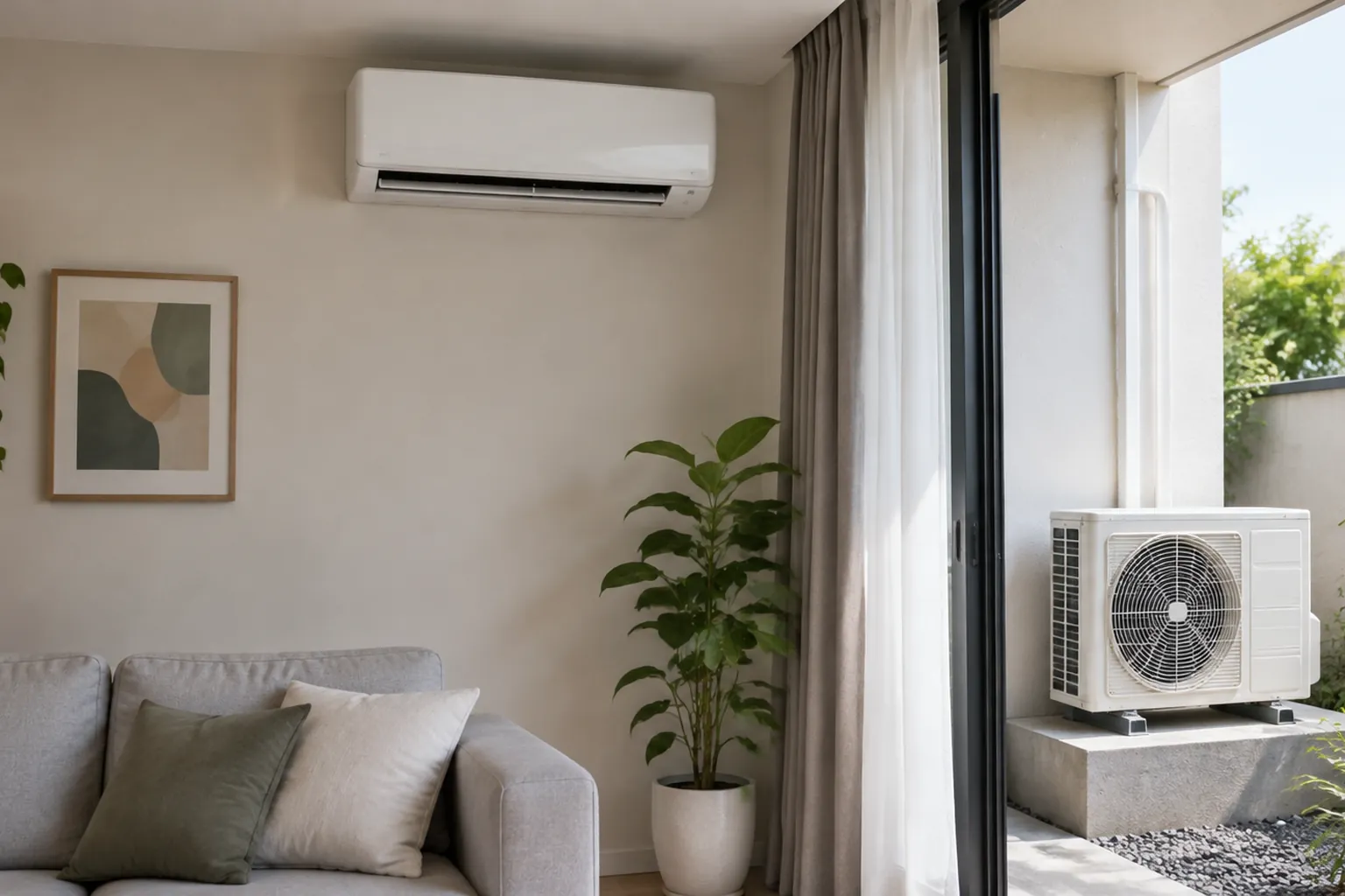 Unit AC dalam dan luar terlihat sangat berdekatan.