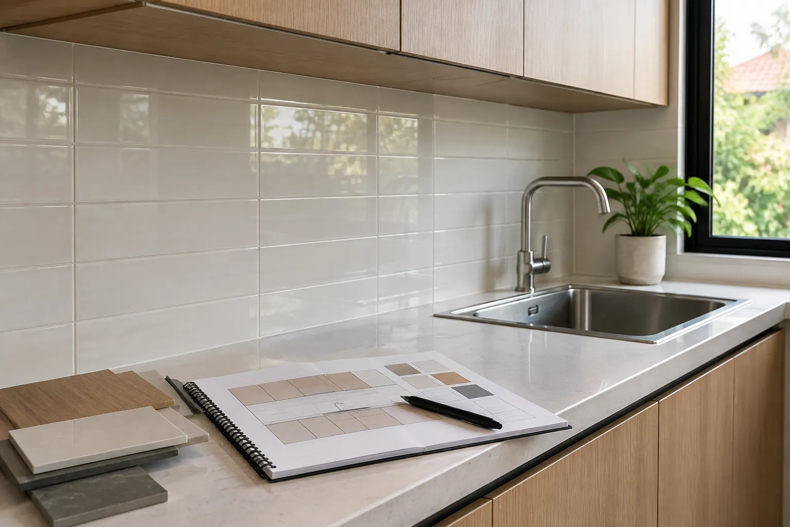 Sampel warna pelapisan di atas meja kitchen set