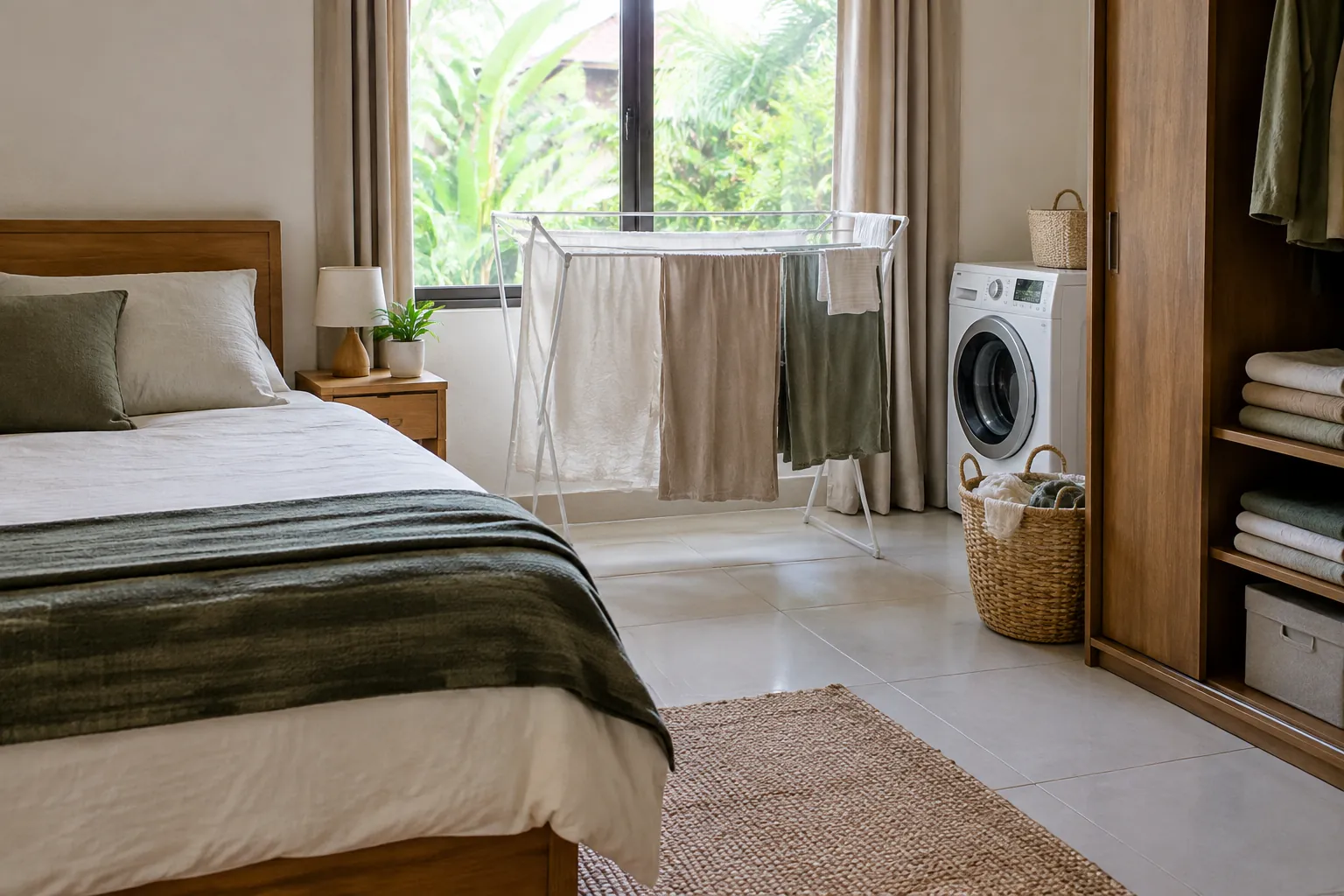Tekstil dijemur di dekat jendela kamar tidur