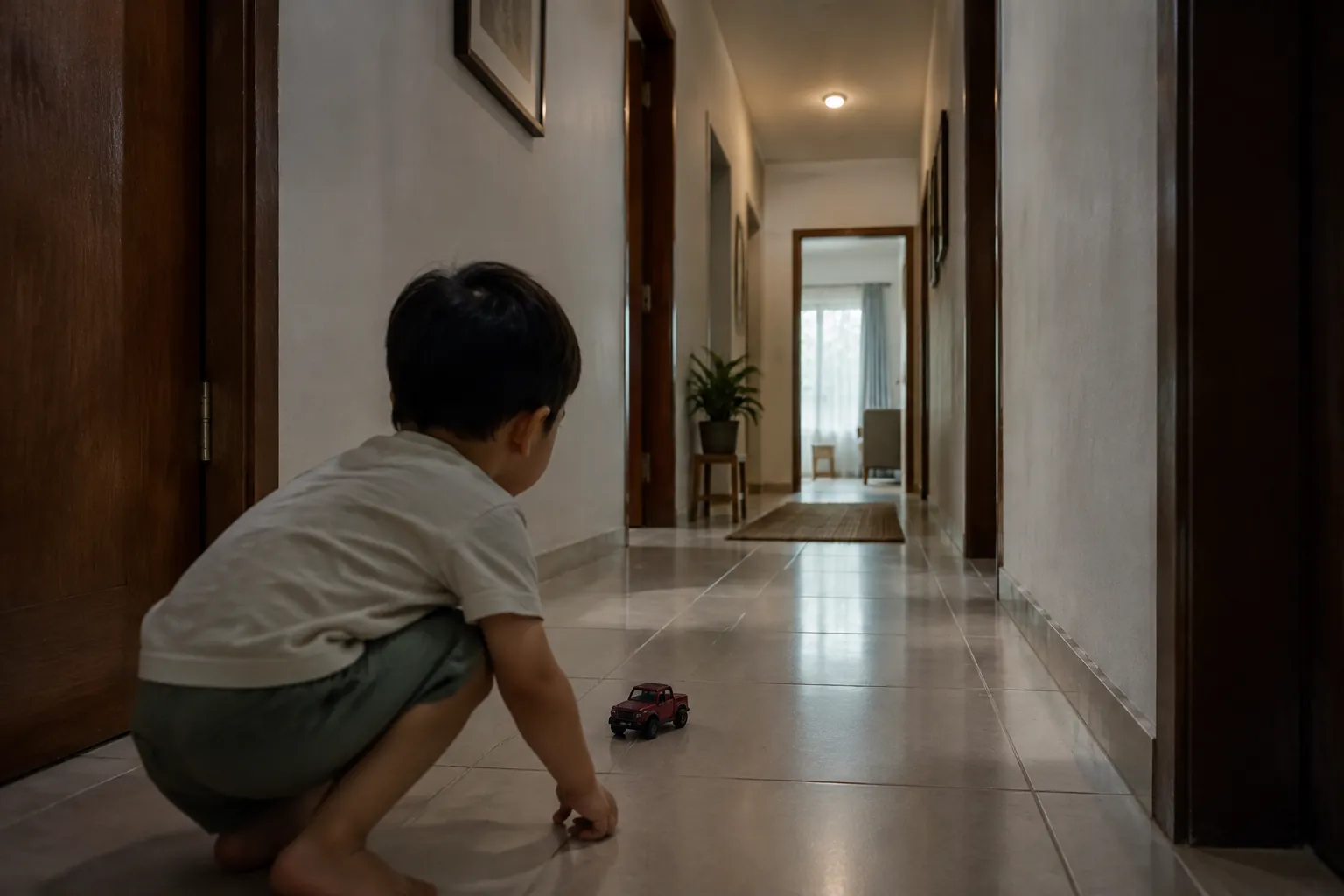 Anak duduk di lantai lorong yang pencahayaannya redup
