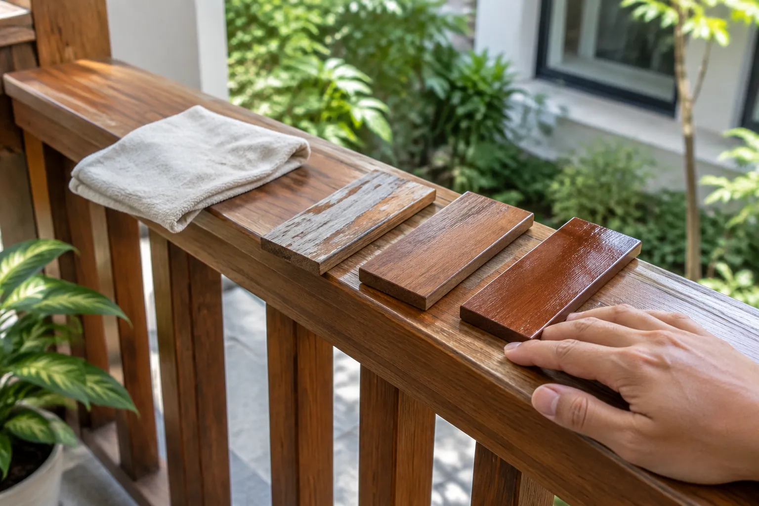 Lapisan pada pegangan railing kayu tampak memudar dan terkelupas