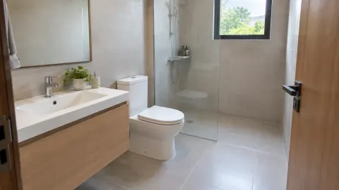Kamar mandi terang dengan wastafel, kloset, dan area pancuran