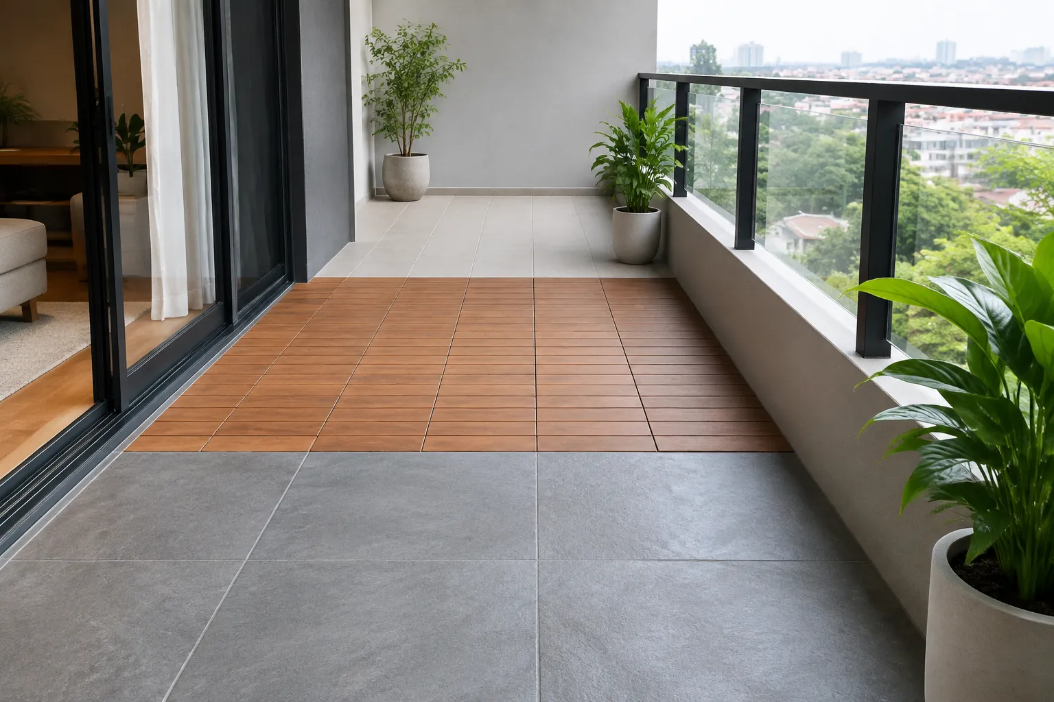 Dua jenis ubin diletakkan pada bidang berbeda di lantai balkon
