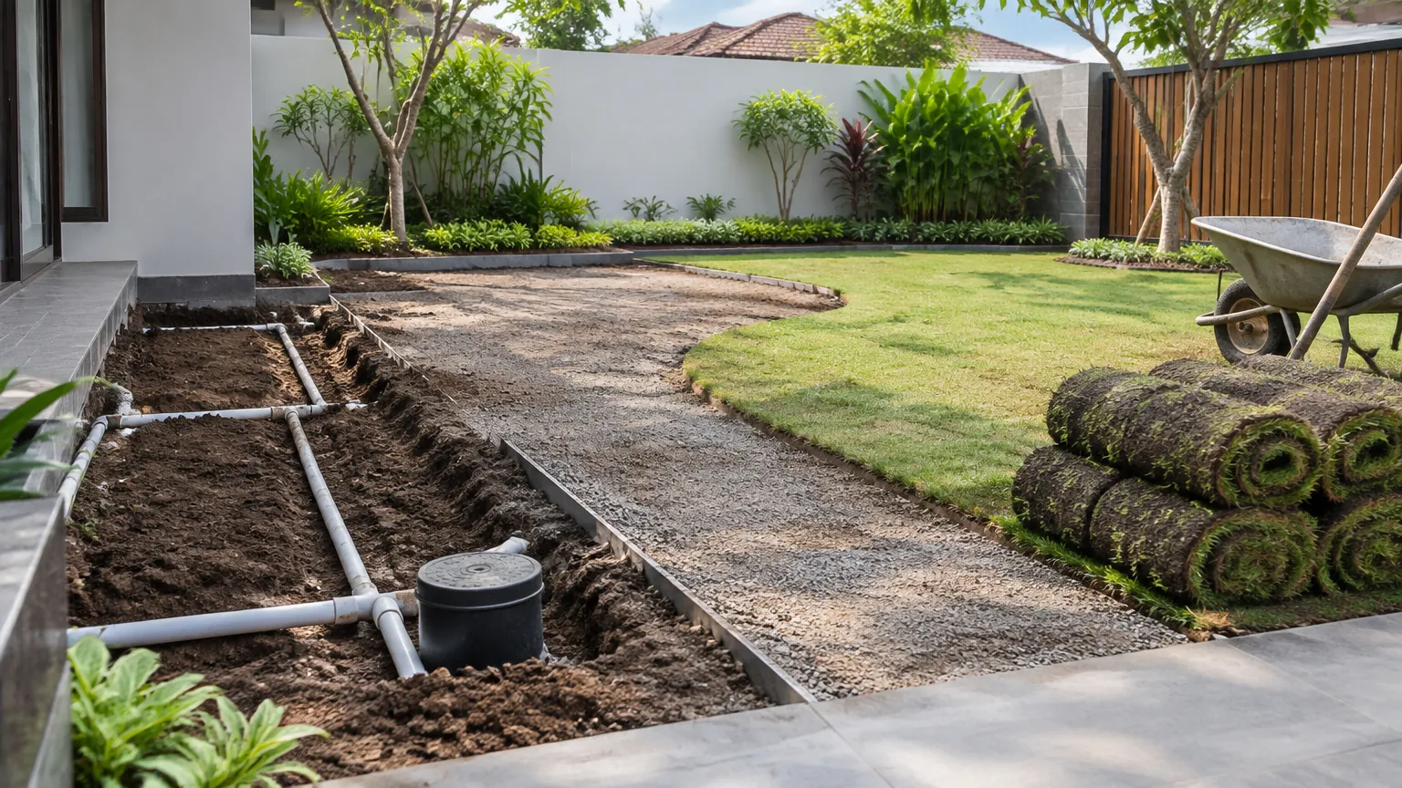 Taman dengan tanah terbuka, pipa, dan rumput gulung