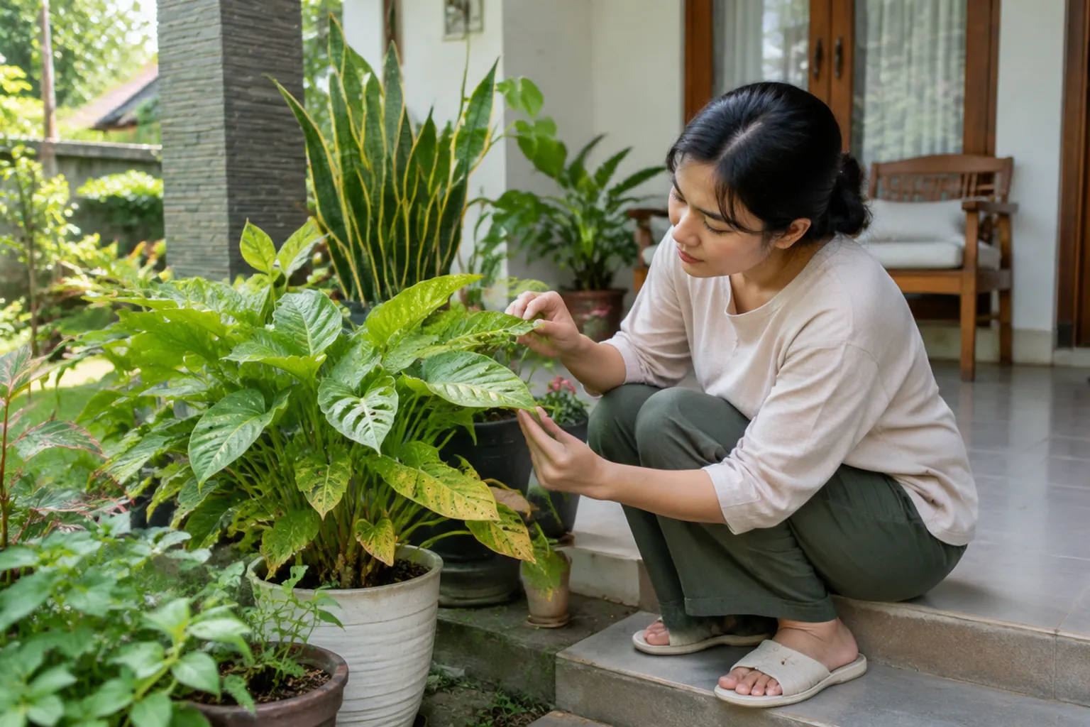 Penghuni memeriksa daun tanaman teras