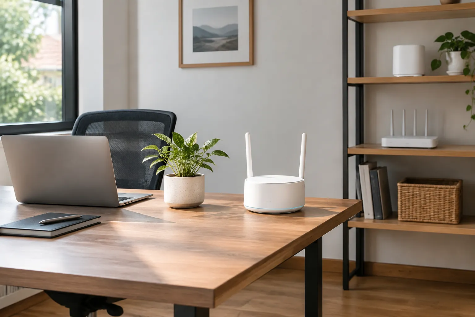 Router jaringan diletakkan dekat laptop di ruang kerja
