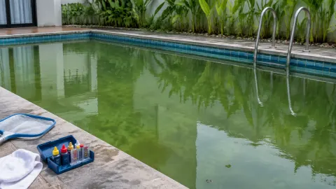 Air kolam berwarna hijau dengan perlengkapan perawatan di tepinya