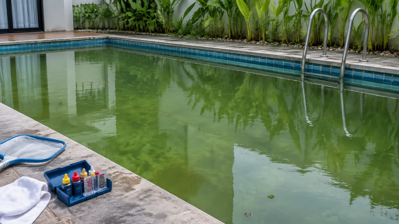 Air kolam berwarna hijau dengan perlengkapan perawatan di tepinya