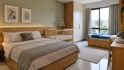 Kamar tidur dengan tempat tidur besar dan tempat tidur kecil di dekat jendela