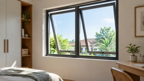 Jendela bukaan samping pada kamar dengan meja kerja
