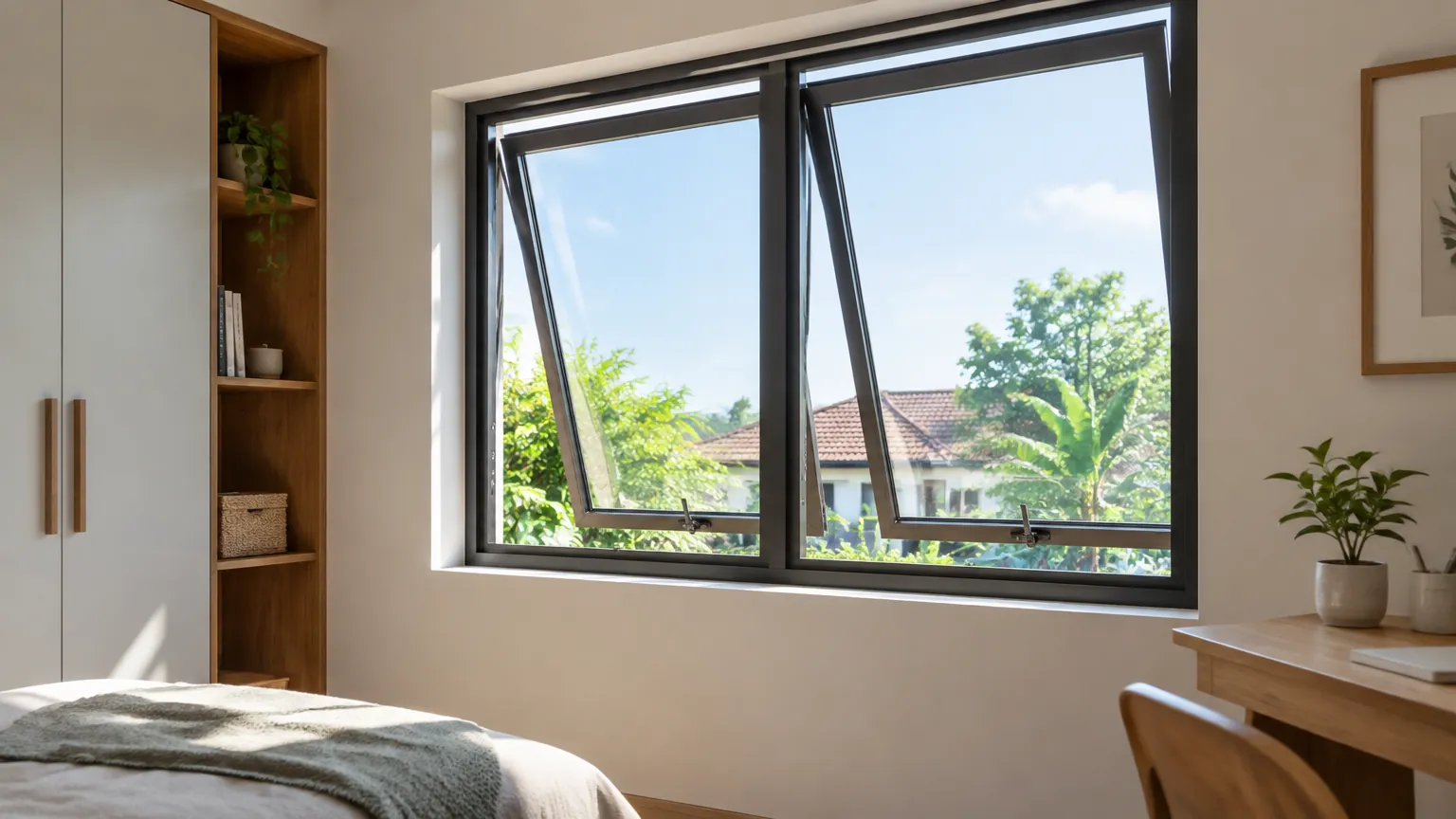 Jendela bukaan samping pada kamar dengan meja kerja