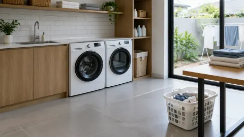 Lantai keramik laundry di sekitar mesin cuci
