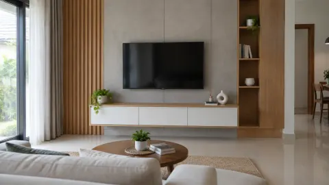 Ruang keluarga dengan dinding kayu dan kabinet televisi