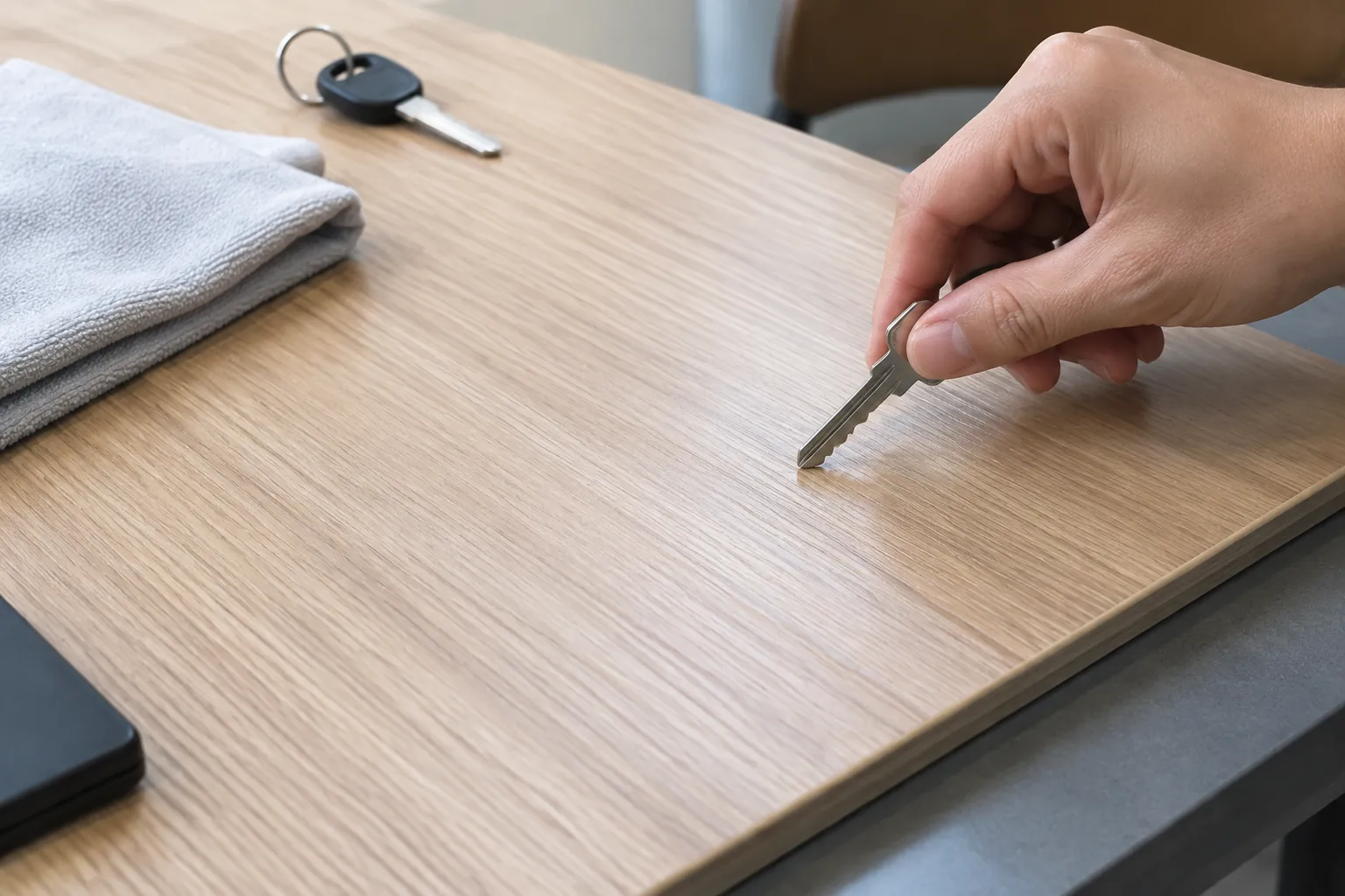 Goresan dengan benda logam.
