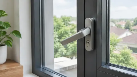 Gagang dan kunci pada jendela aluminium hitam