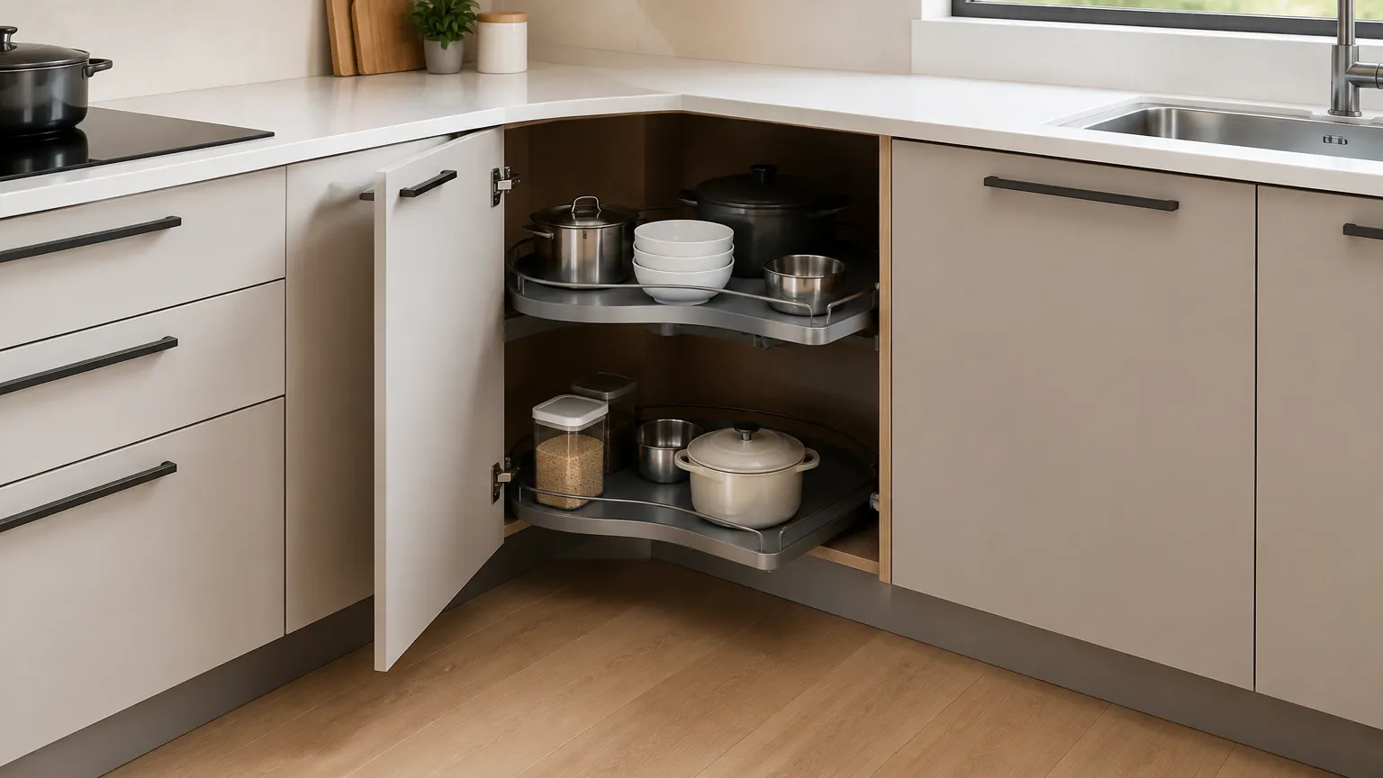 Kabinet sudut dapur dengan pintu terbuka dan rak di dalam