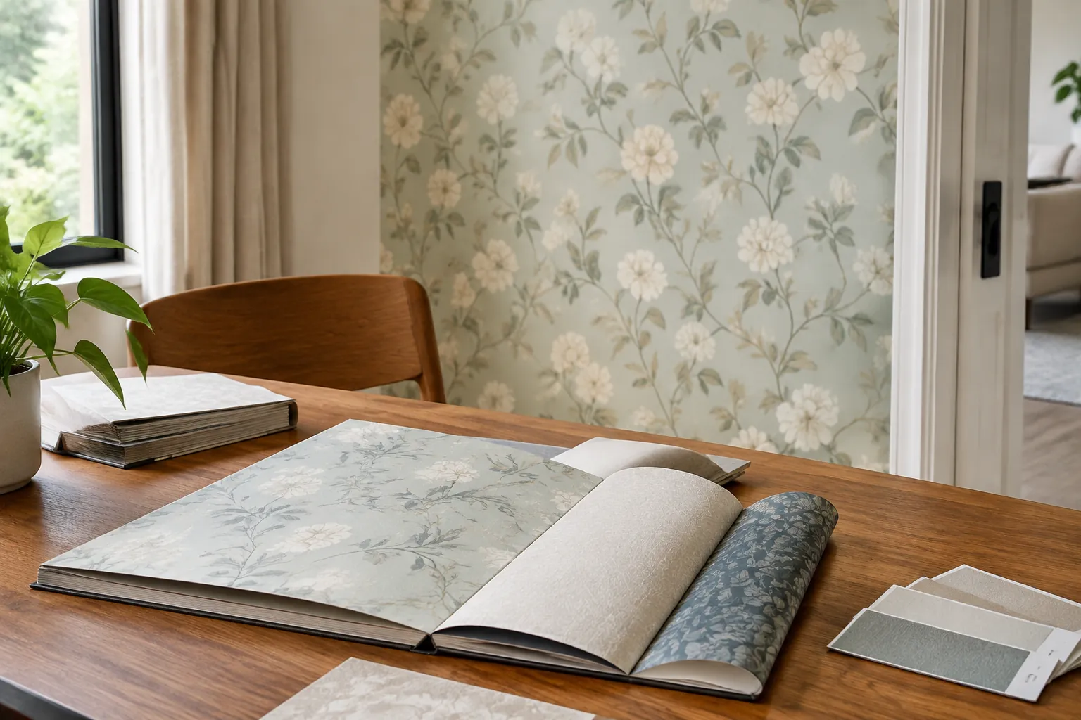 Contoh wallpaper bermotif tumbuhan di atas meja