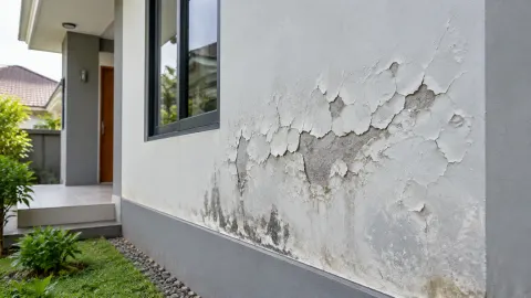 Lapisan fasad rumah mengelupas di dekat jendela