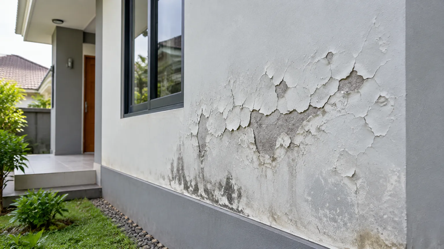 Lapisan fasad rumah mengelupas di dekat jendela