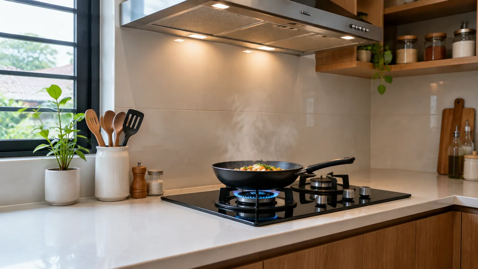 Kompor gas menyala di bawah pengisap asap dapur