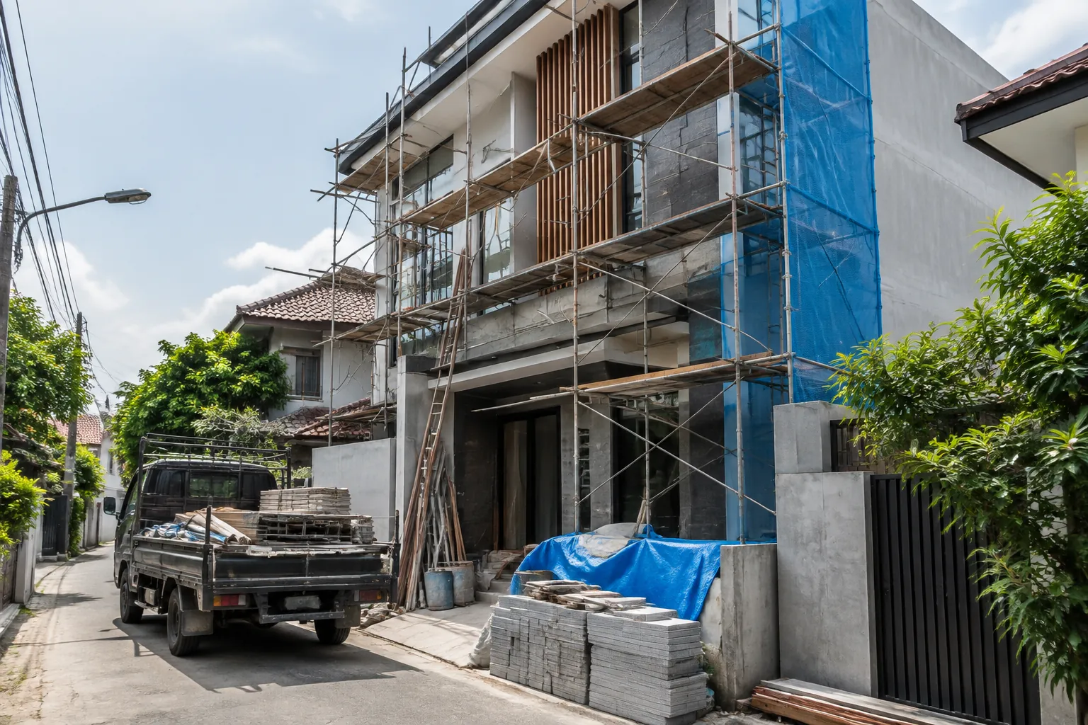 Perancah dan kendaraan material memenuhi jalan sempit di depan rumah