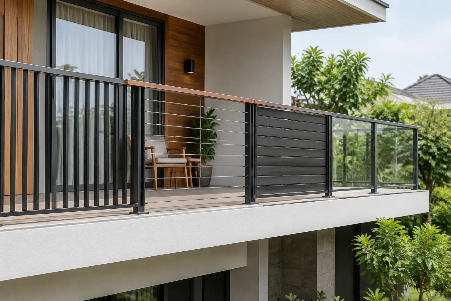 Pagar bilah logam gelap membatasi balkon rumah