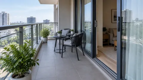 Balkon apartemen dengan tanaman dan kursi di dekat pintu