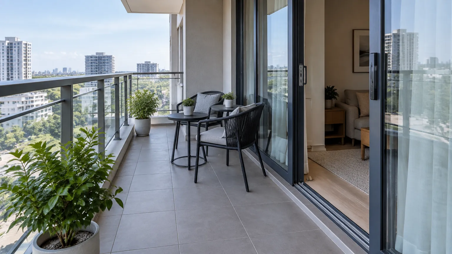 Balkon apartemen dengan tanaman dan kursi di dekat pintu