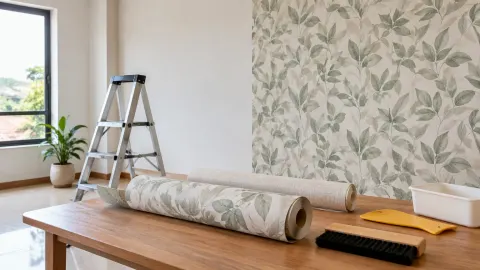 Wallpaper bermotif daun sedang dipasang pada dinding rumah