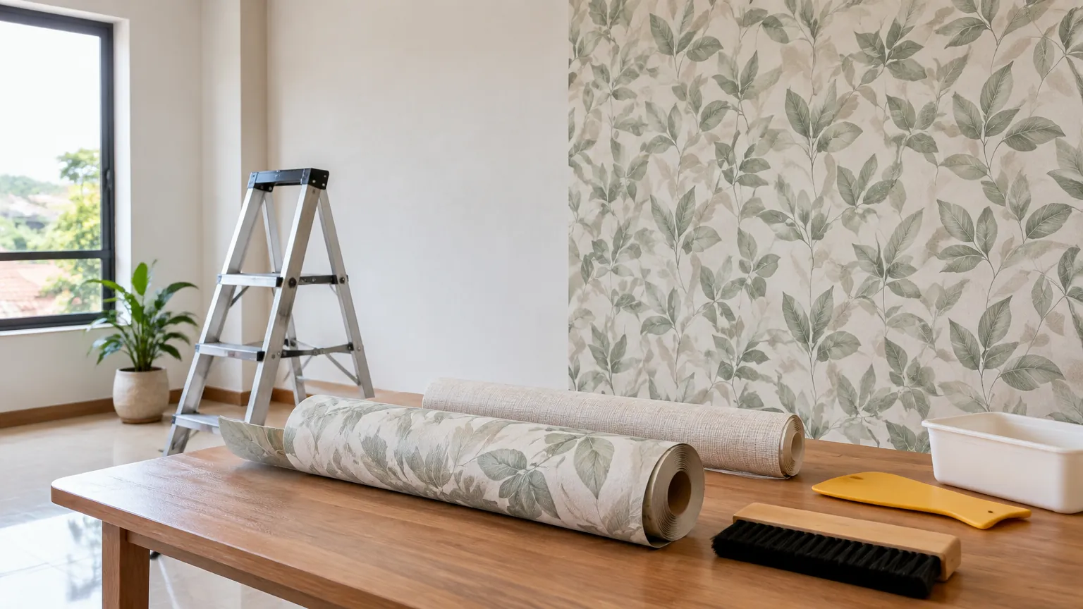 Wallpaper bermotif daun sedang dipasang pada dinding rumah