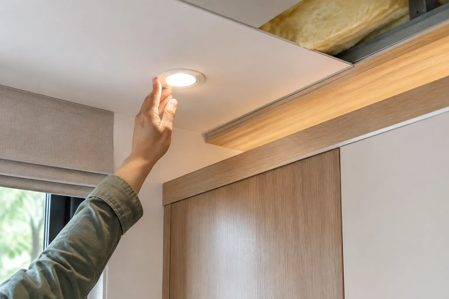 Seseorang menyentuh lampu plafon dekat material kayu.