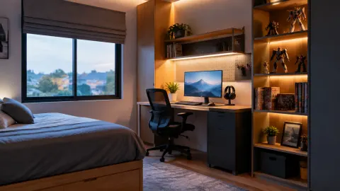 Kamar remaja dengan lampu meja dan lampu rak menyala
