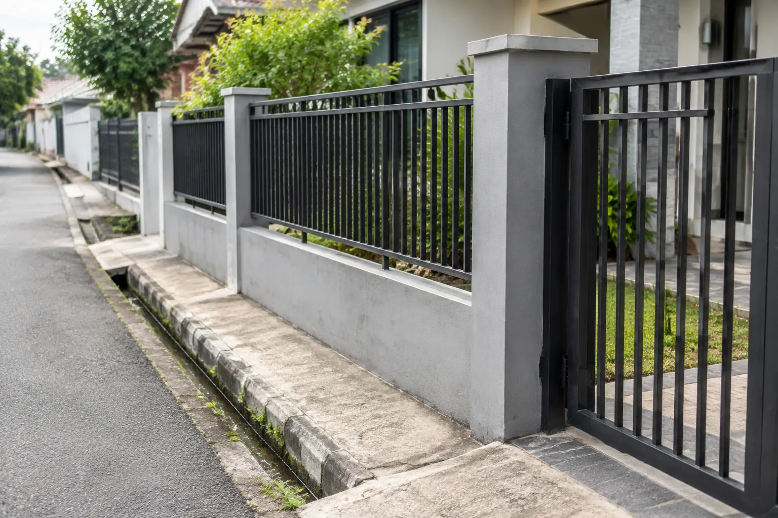 Pagar dan gerbang logam berdiri di tepi trotoar jalan