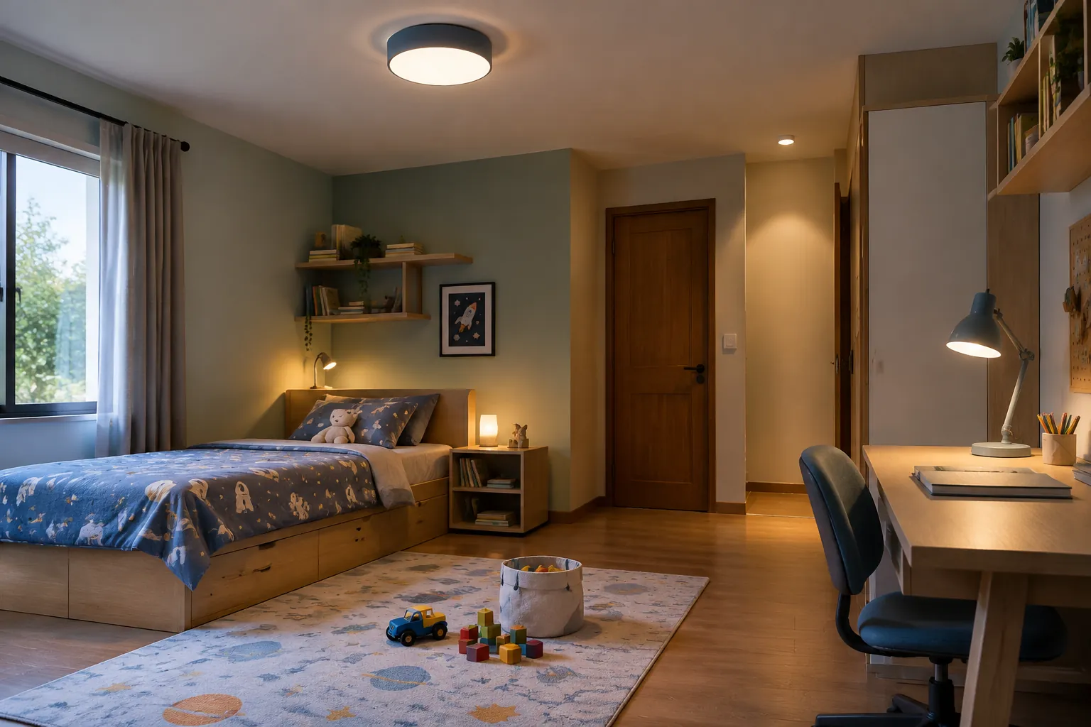 Kamar anak dengan lampu di tempat tidur dan meja belajar