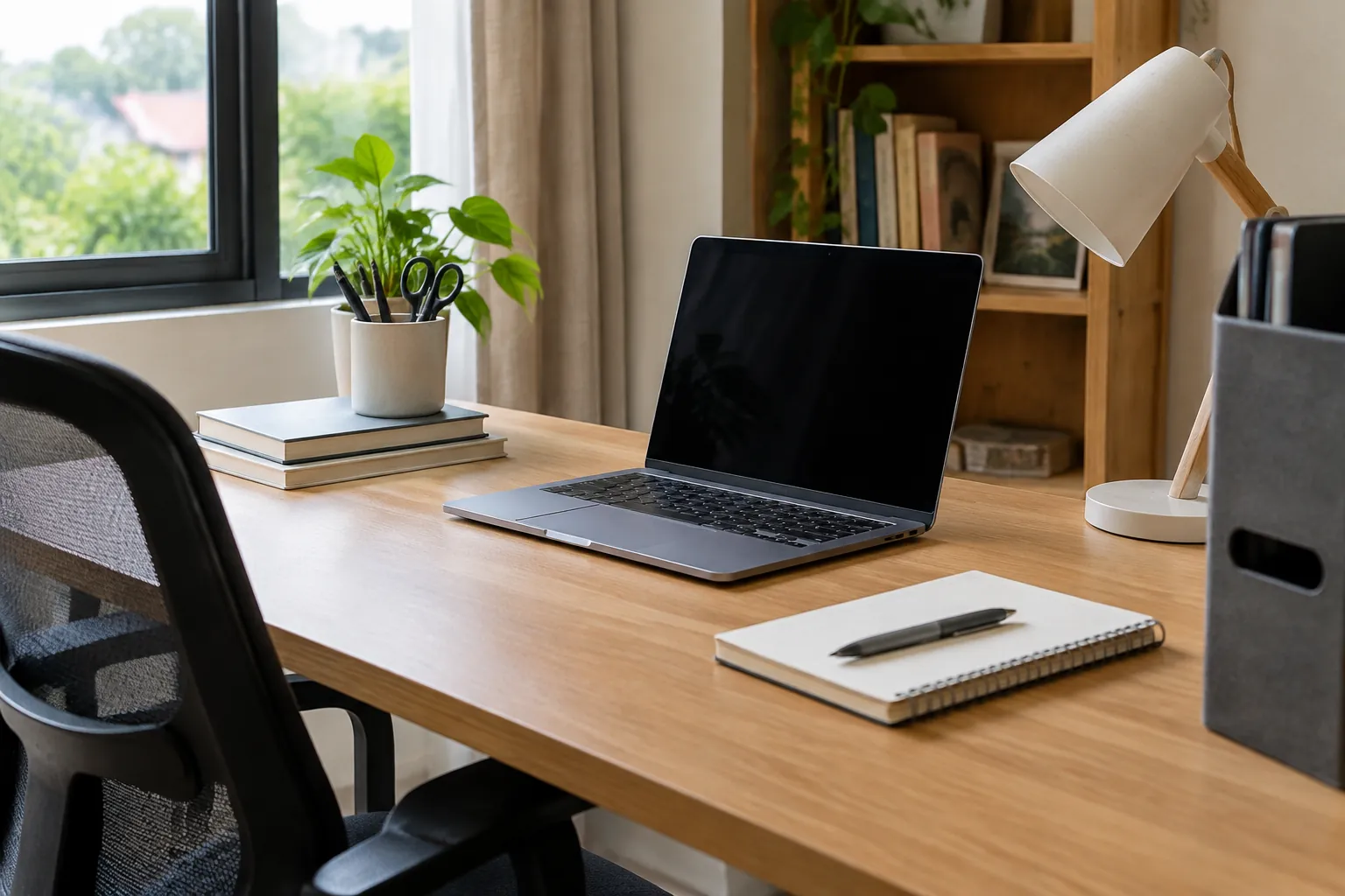 Laptop dan lampu meja pada ruang kerja dengan rak kayu