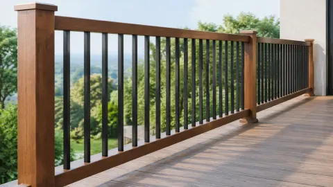 Railing logam dengan pegangan kayu di tepi balkon