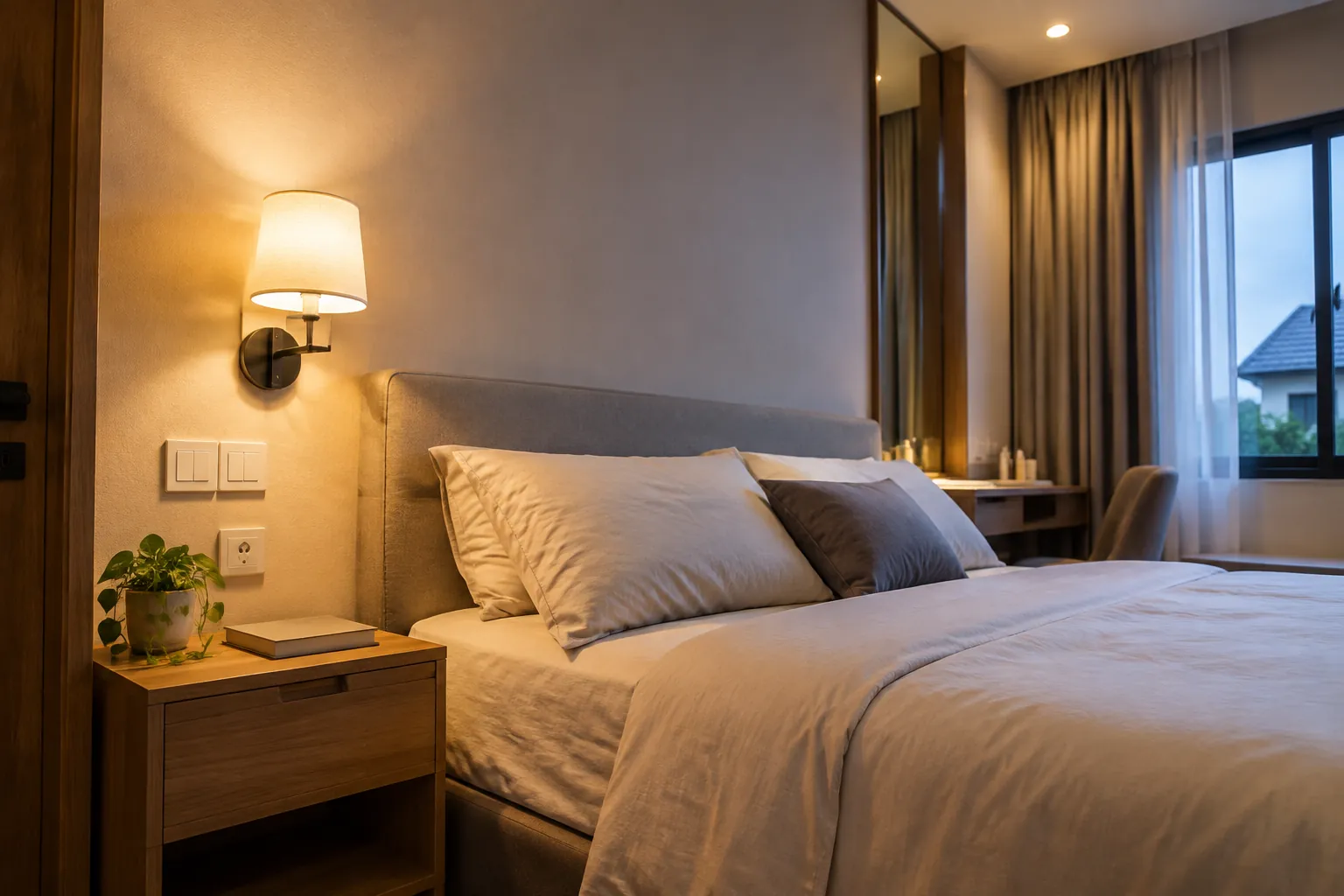 Kamar tidur dengan lampu.