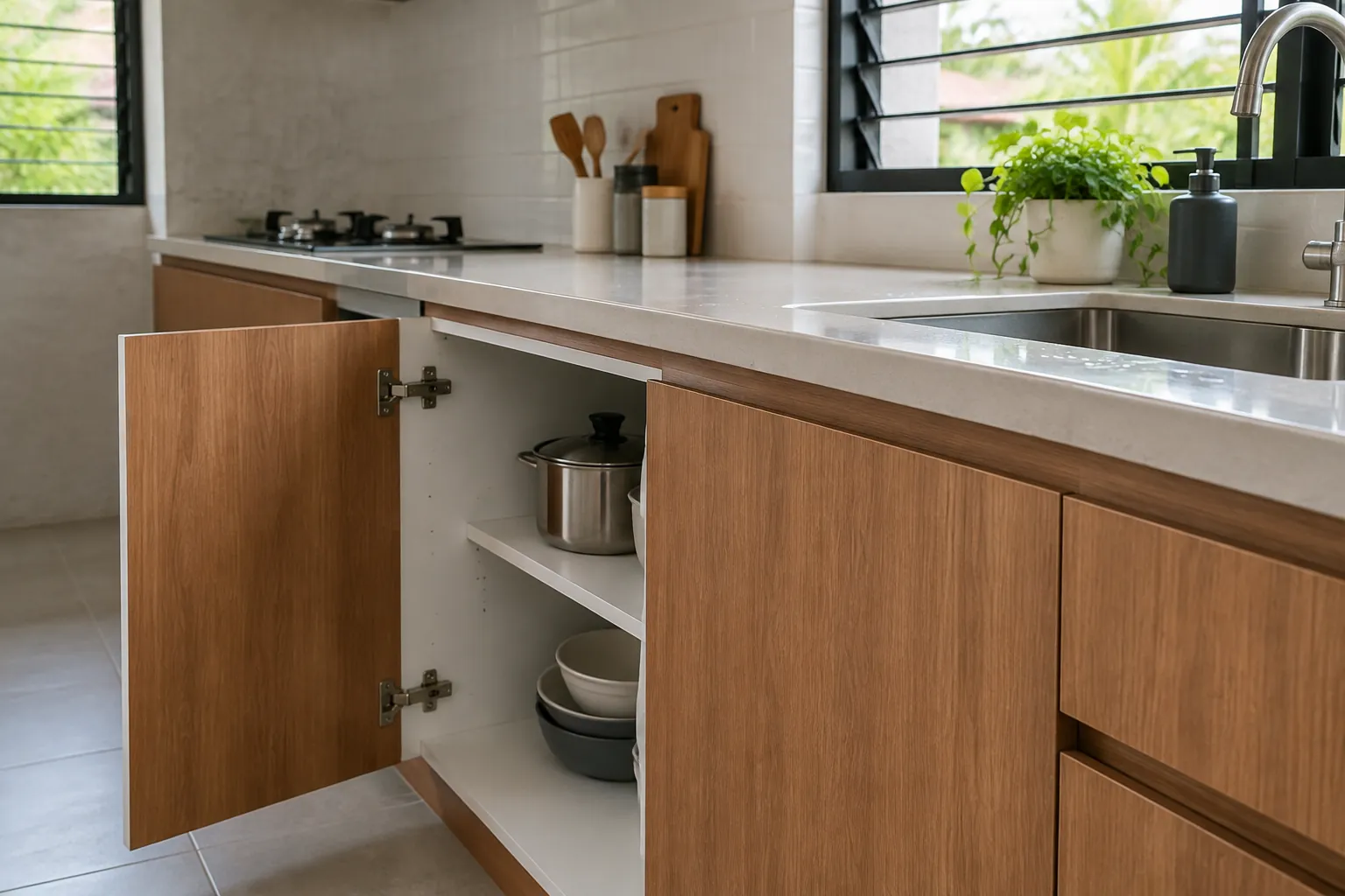 Laci dan kabinet bawah meja dapur dalam posisi terbuka