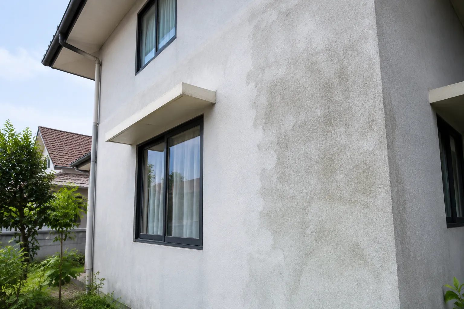 Bidang dinding luar rumah dilihat dari beberapa langkah jauhnya