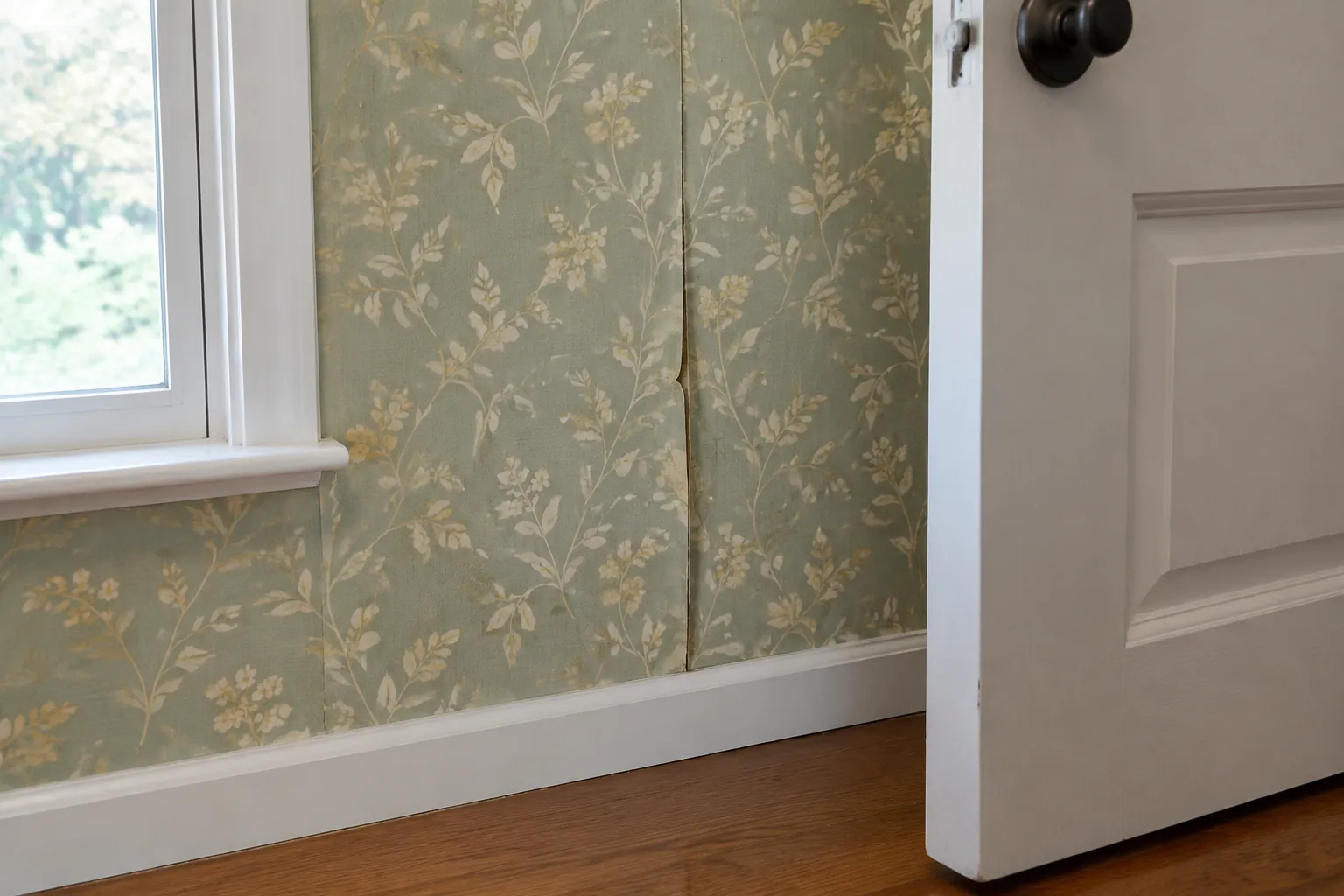 Wallpaper motif bunga pada dinding dekat pintu
