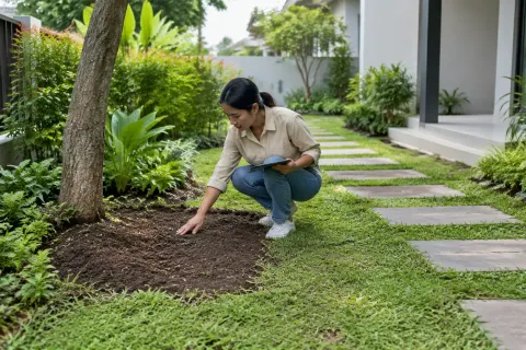 Penghuni memeriksa tanah pada petak tanam