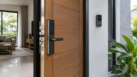 Pintu masuk kayu dengan kunci elektronik dan kamera di sampingnya