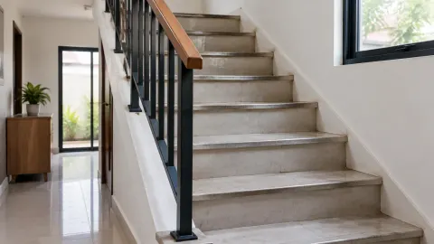 Tangga rumah dengan anak tangga terang dan railing hitam