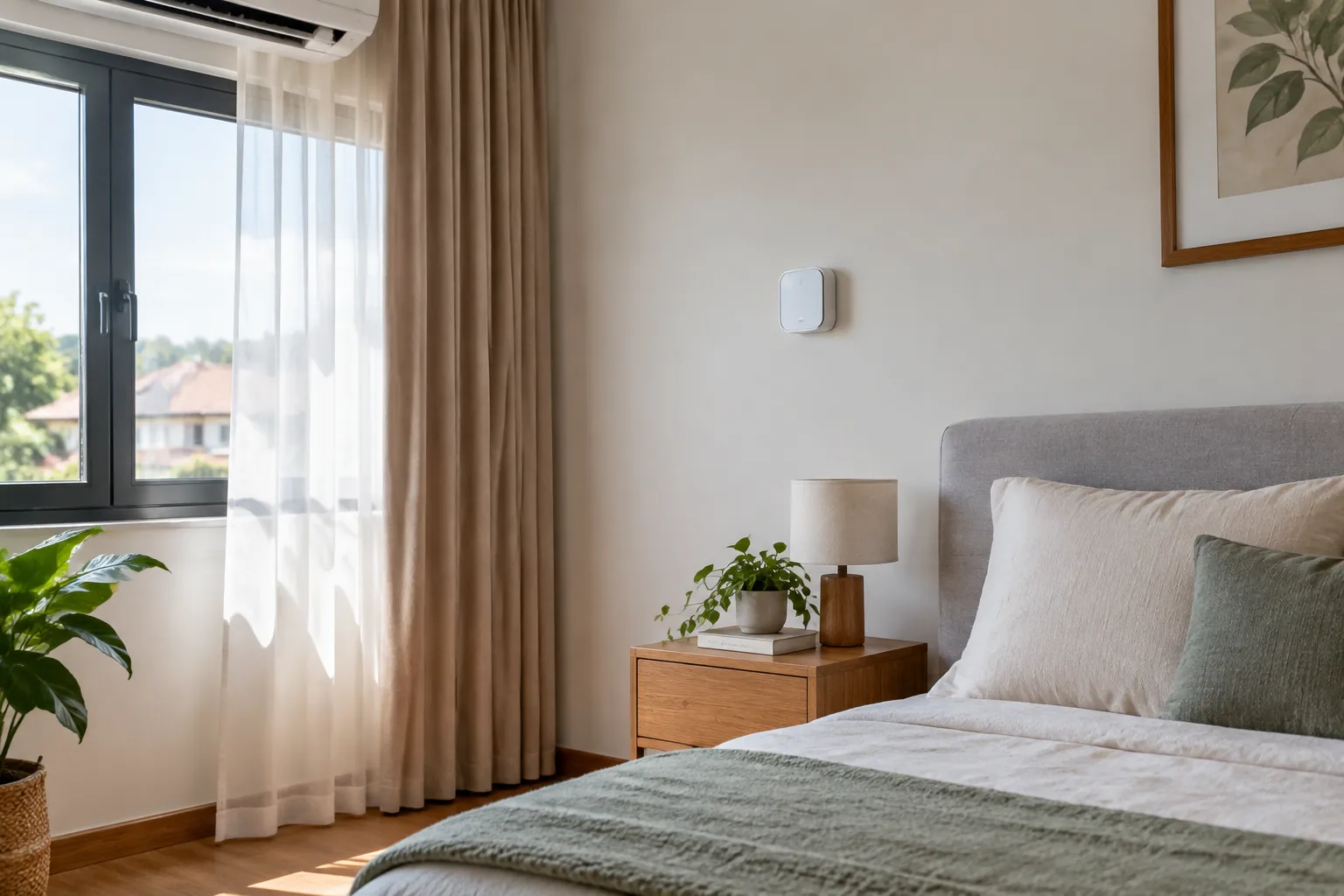 Sensor kecil terpasang pada dinding kamar tidur dekat jendela